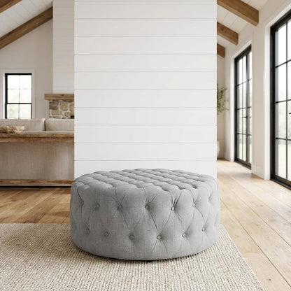 Light Gray Fabric Ottoman, Neutral Soft Upholstered Seat for Room