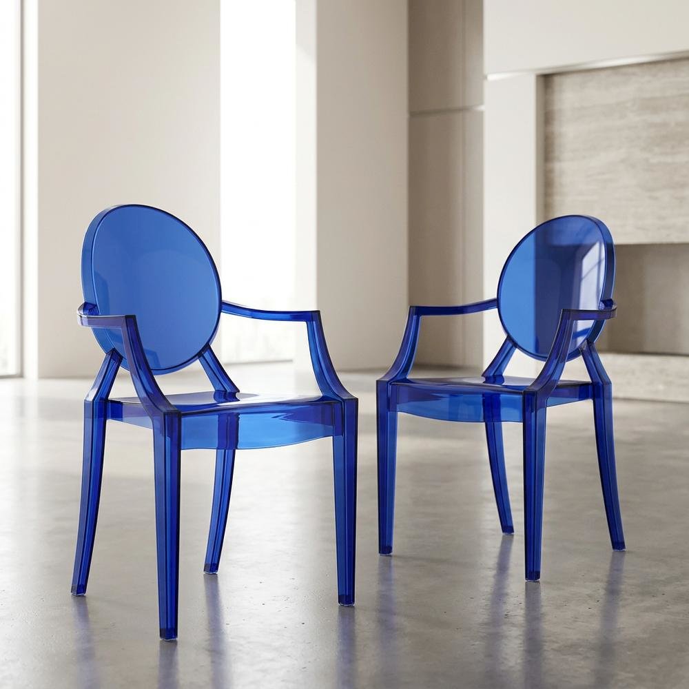 Acrylic High-Back Dining Armchairs with Arms, Blue, Set of 2