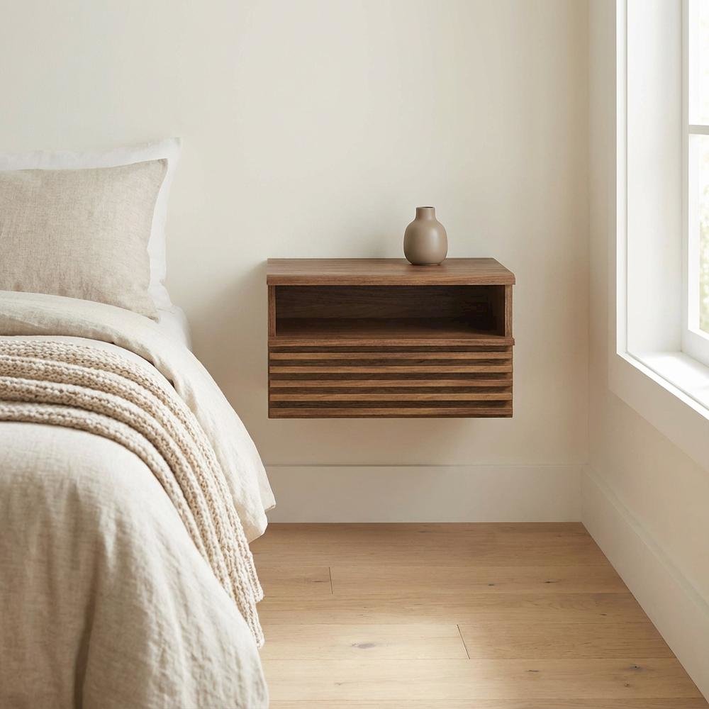 Wall-Mount Nightstand in Brown Finish with Modern Design