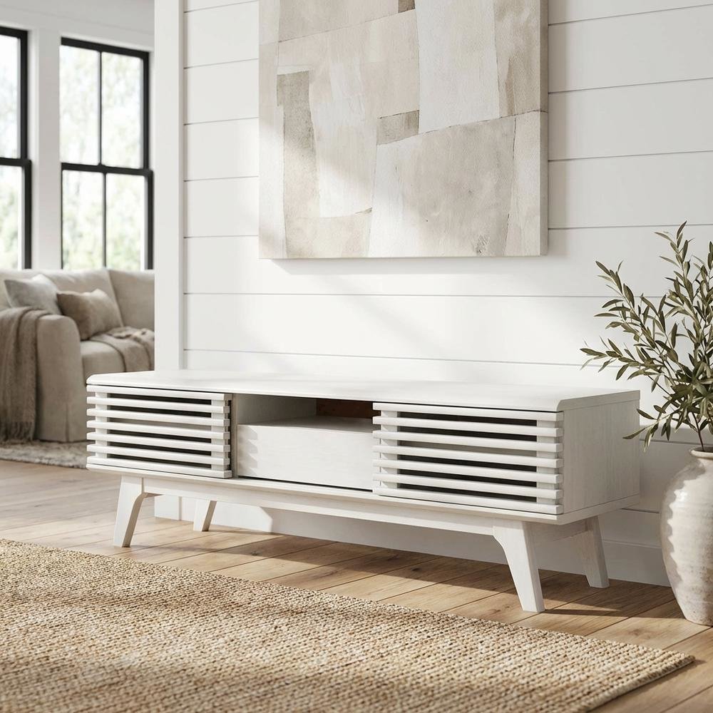White wood TV stand with 59-inch top and sleek design