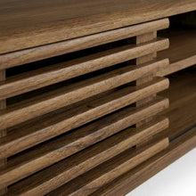 Wooden brown media console, 46-inch top, sturdy legs, modern living spaces