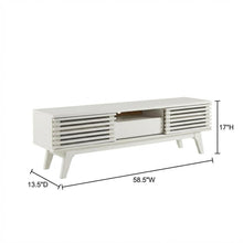 White wood TV stand with 59-inch top and sleek design