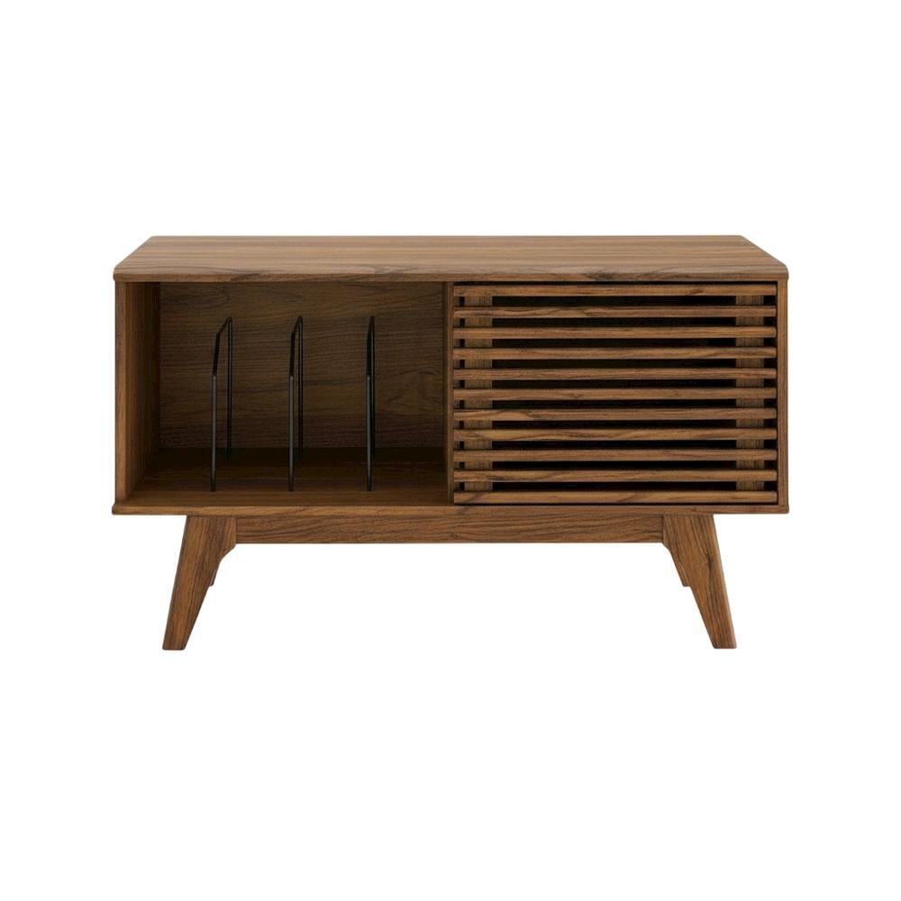 Wood vinyl record display stand in warm brown finish with spacious shelf