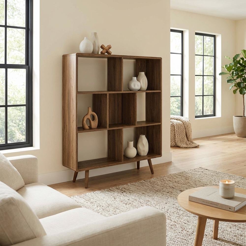 Wood Grain Bookcase with 7 Shelves for Living Room Storage