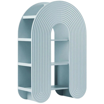 Blue arched bookshelf with spacious shelves and nylon textile finish
