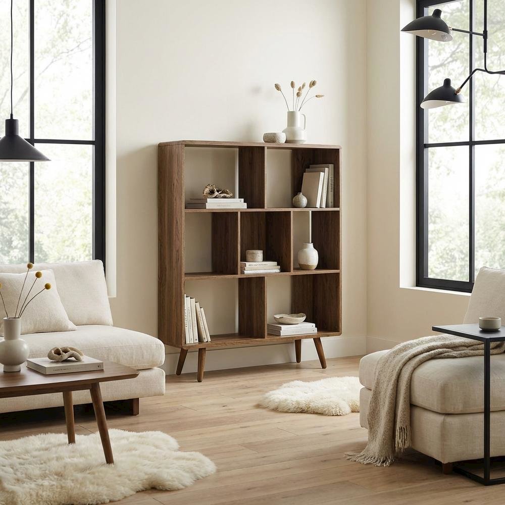 Wood Grain Bookcase with 7 Shelves for Living Room Storage