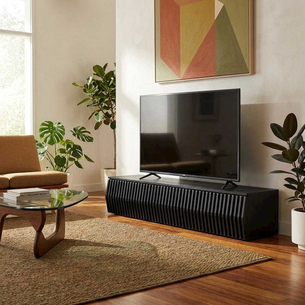 Black Wall Mount TV Stand with Sturdy Construction and Storage Space