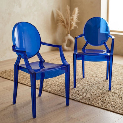 Acrylic High-Back Dining Armchairs with Arms, Blue, Set of 2