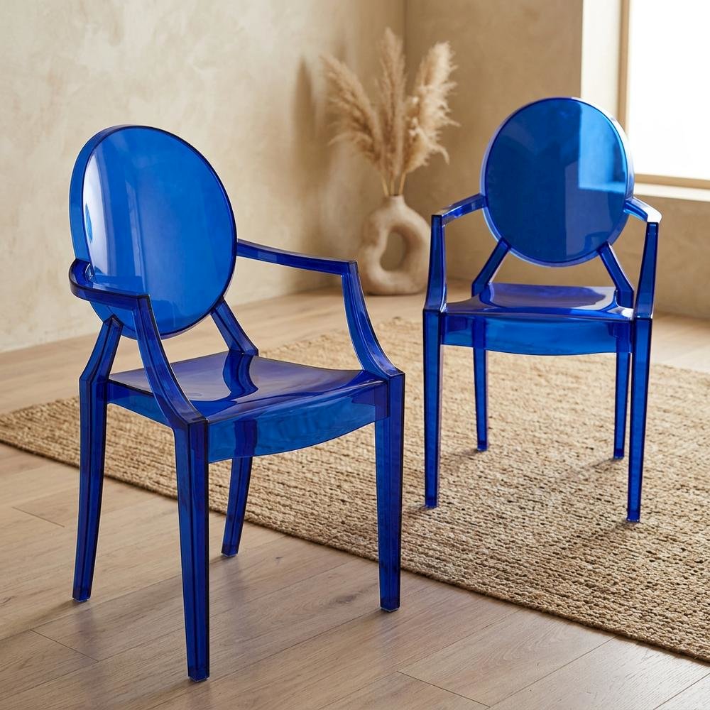 Acrylic High-Back Dining Armchairs with Arms, Blue, Set of 2