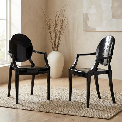 Acrylic High-Back Dining Armchairs with Arms, Black, Set of 2