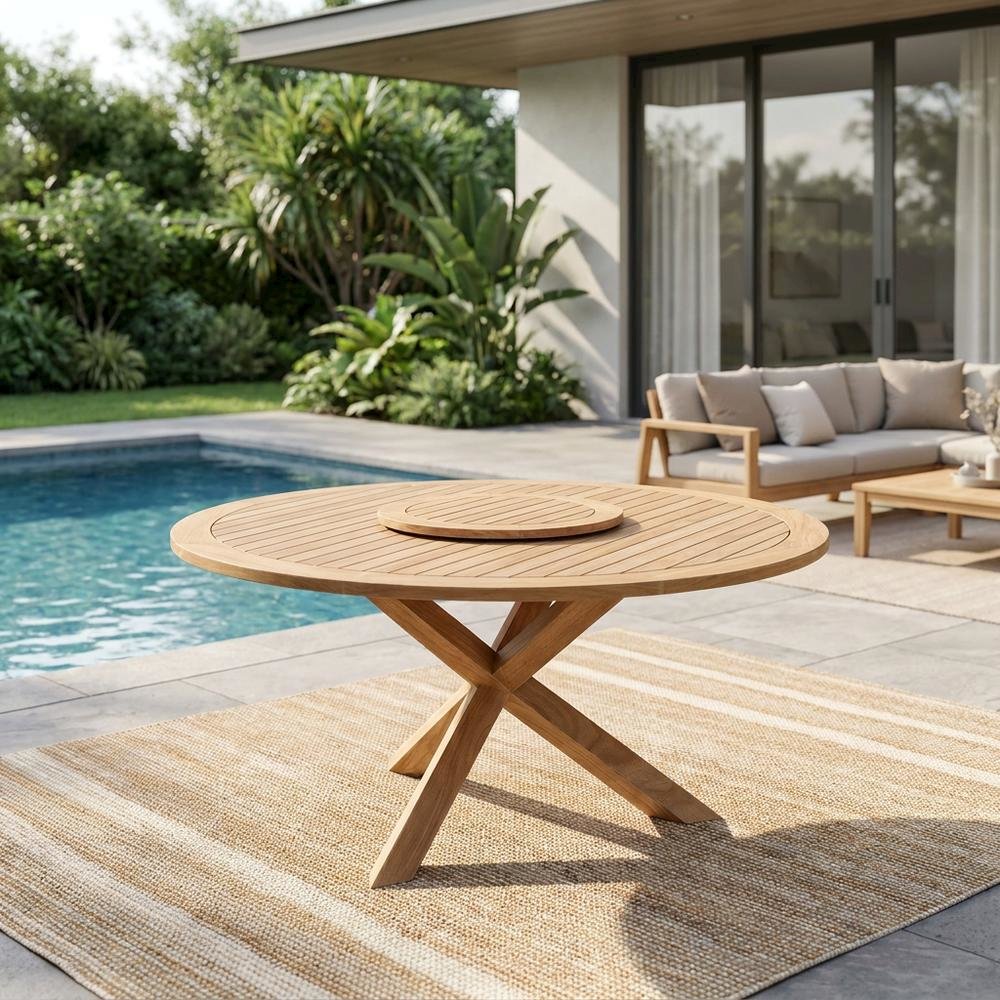 Natural Teak Outdoor Round Dining Table, Lazy Susan, Seats 6