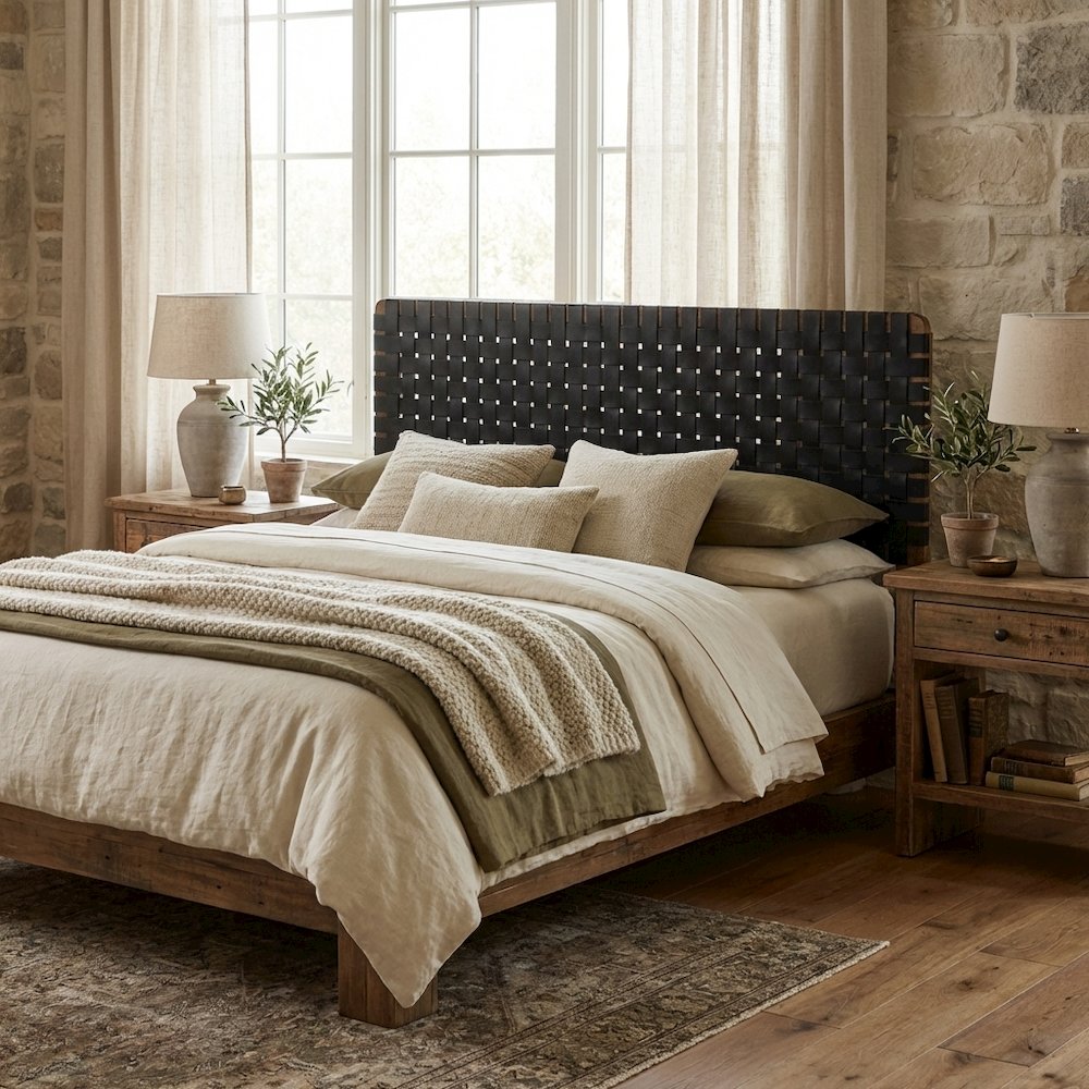Vegan Leather King Headboard with Woven Texture and Durable Frame