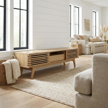 Wooden brown TV stand with spacious surface and modern design
