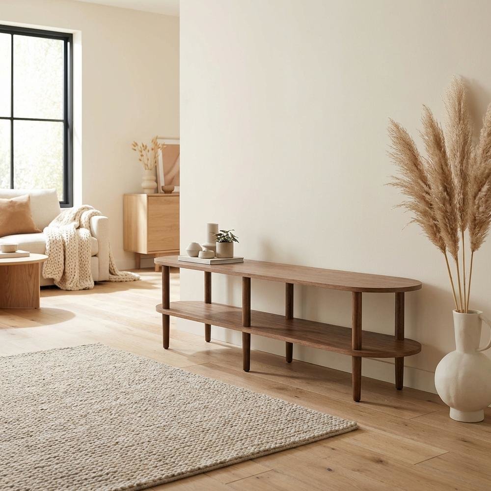 Brown wood TV stand with oval design, solid mango construction for durability