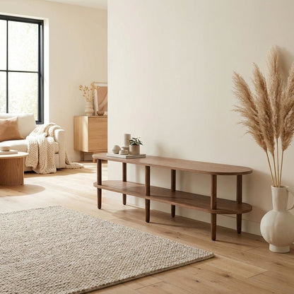 Brown wood TV stand with oval design, solid mango construction for durability