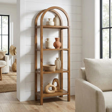 Tall brown arched bookshelf with engineered wood frame for stylish storage