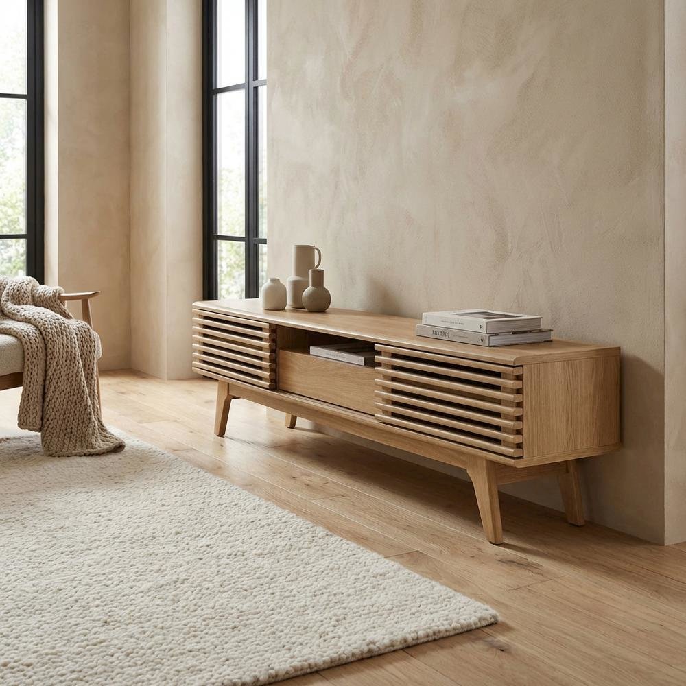Wooden brown TV stand with spacious surface and modern design