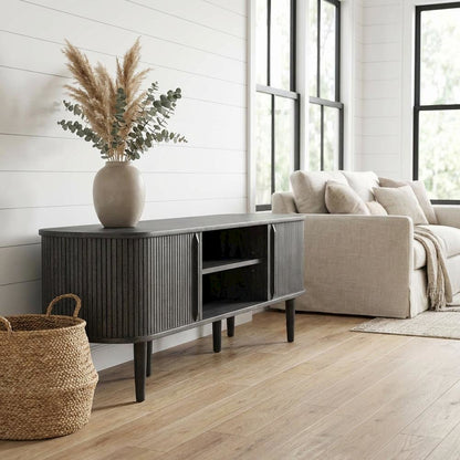 Gray wood TV stand with sleek design and sturdy construction