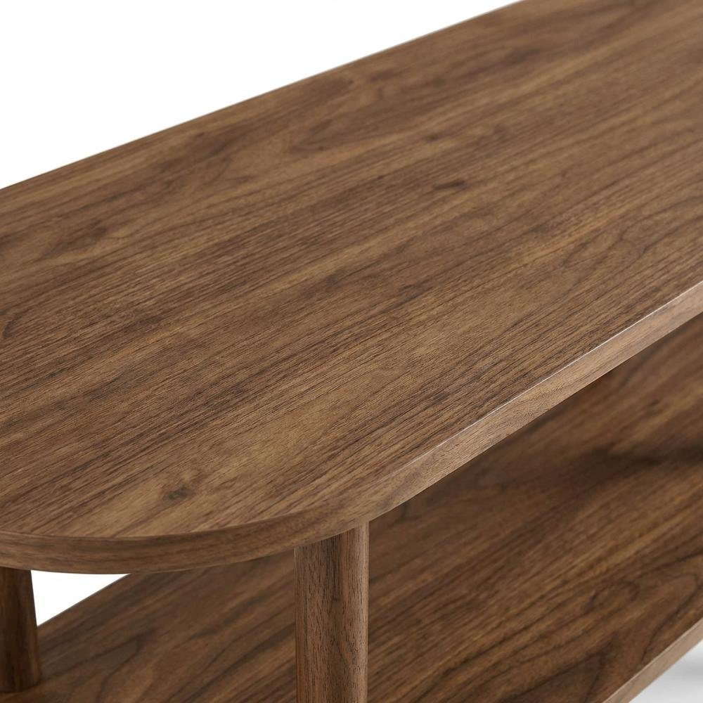 Brown wood TV stand with oval design, solid mango construction for durability