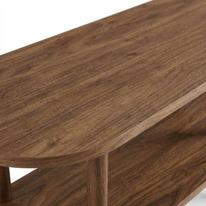 Brown wood TV stand with oval design, solid mango construction for durability