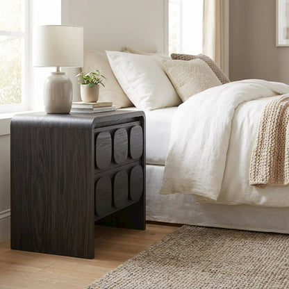 Black Wooden Nightstand with 2 Drawers and Modern Design