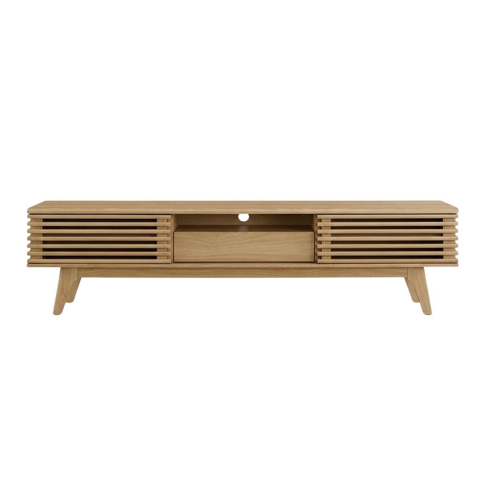 Wooden brown TV stand with spacious surface and modern design