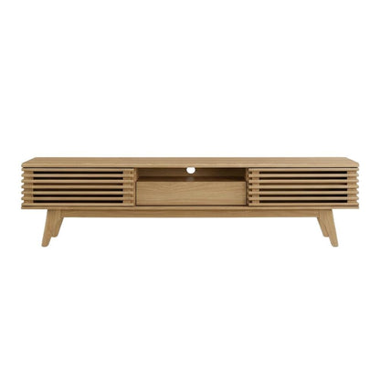 Wooden brown TV stand with spacious surface and modern design