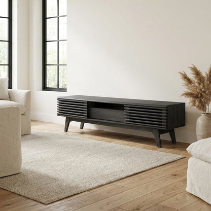 Gray wood TV stand with sleek design and spacious storage