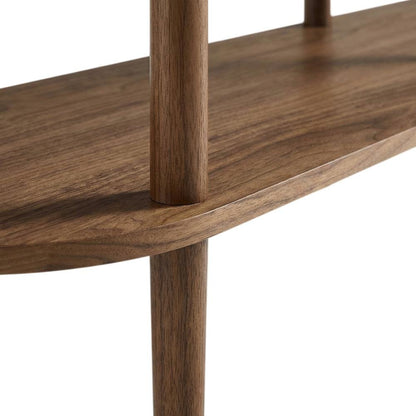 Brown wood TV stand with oval design, solid mango construction for durability