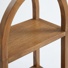Tall brown arched bookshelf with engineered wood frame for stylish storage
