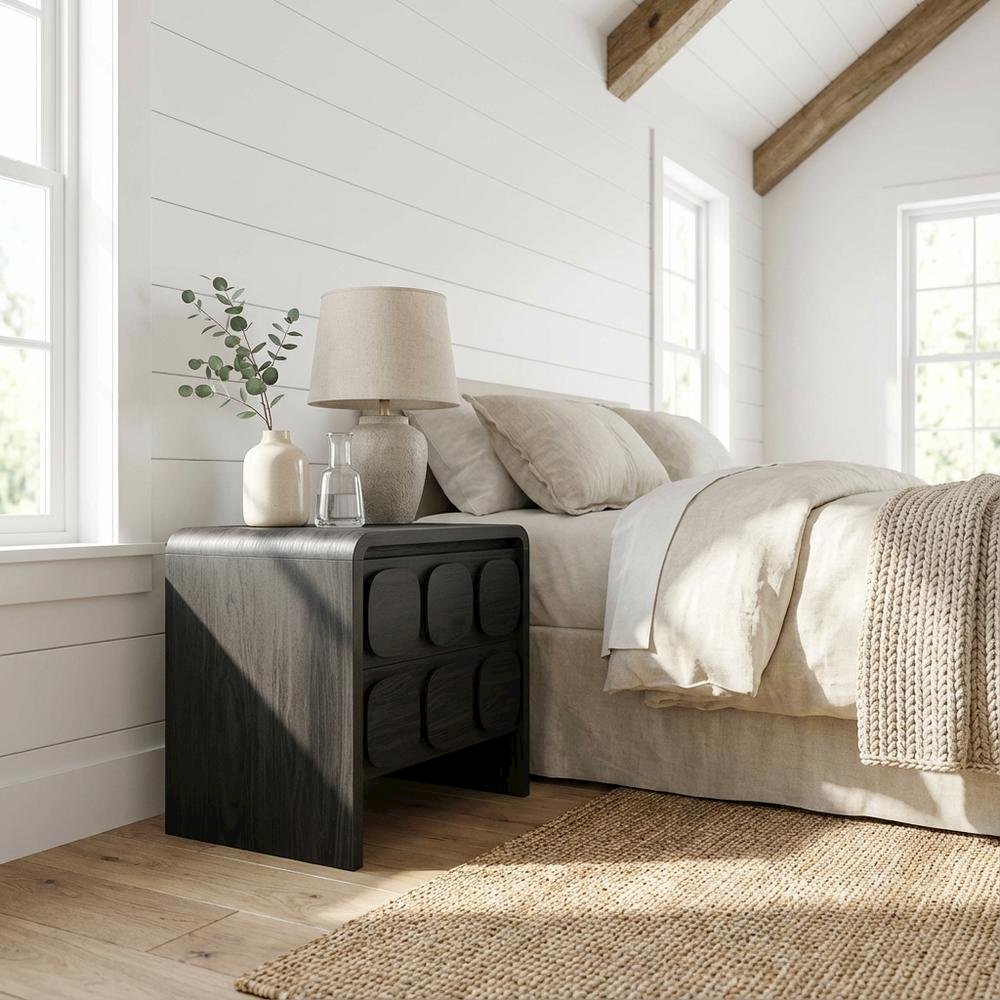 Black Wooden Nightstand with 2 Drawers and Modern Design