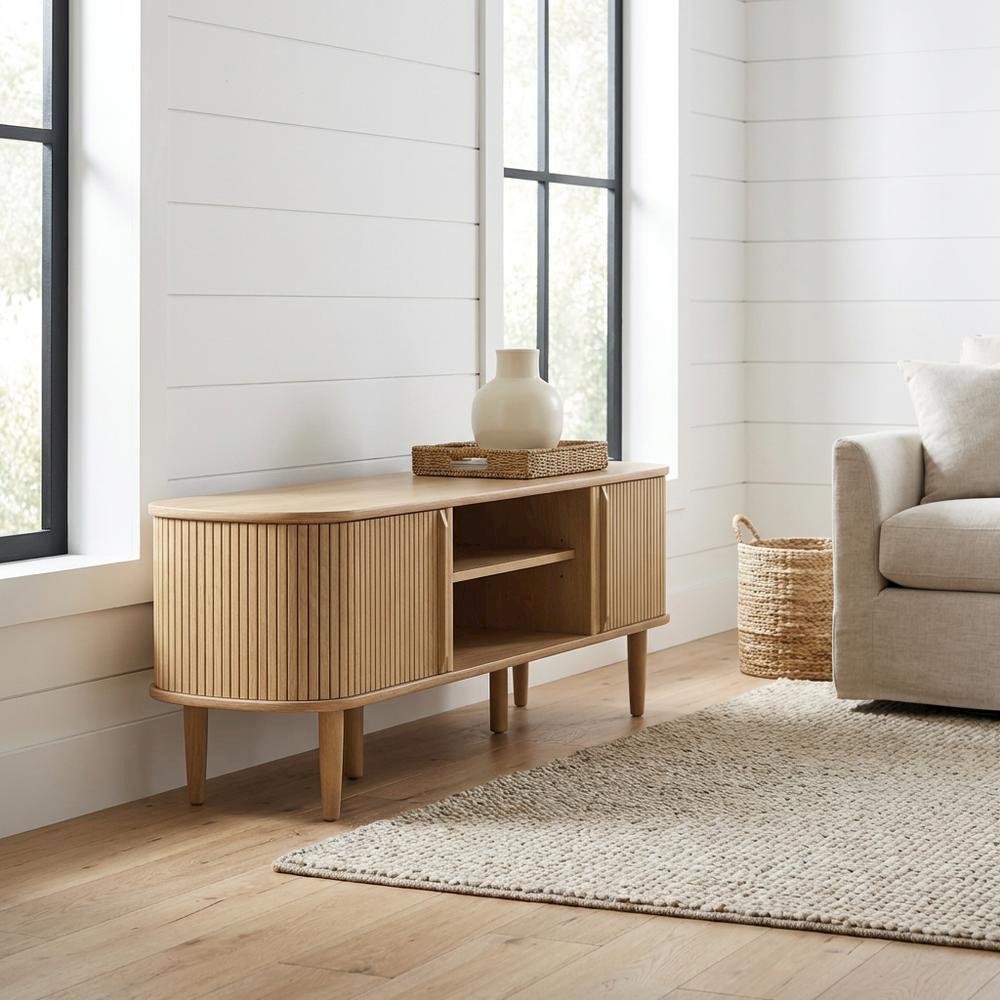 Brown wooden TV stand with sleek design and sturdy construction