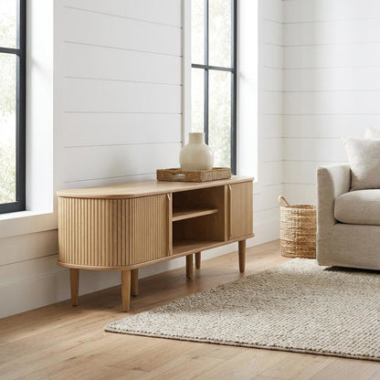 Brown wooden TV stand with sleek design and sturdy construction
