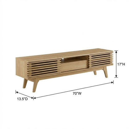 Wooden brown TV stand with spacious surface and modern design