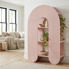 Red arched bookshelf with spacious shelves and nylon accents