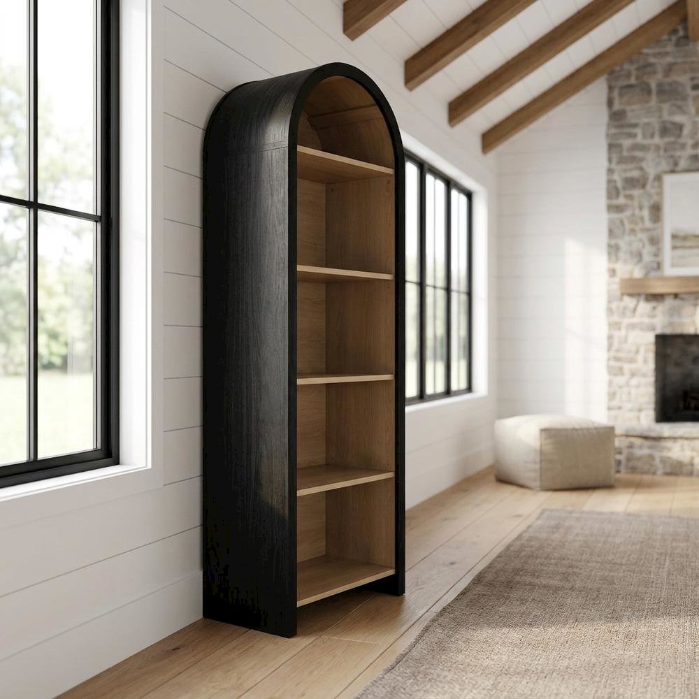Arched Narrow Bookcase,Display Cabinet with Open Shelves Storage Cabinet, Black