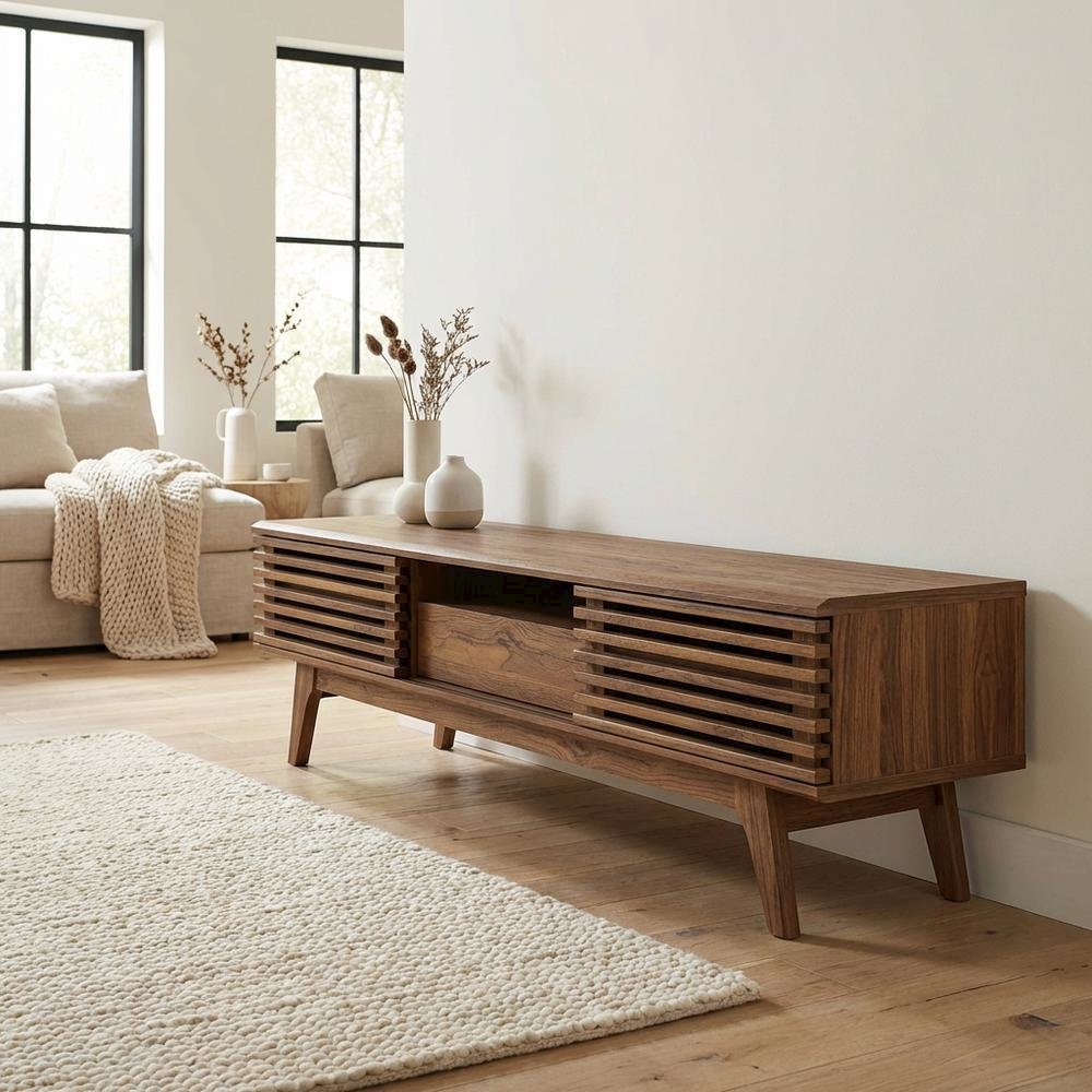 Brown wood TV stand with sleek design and ample storage space