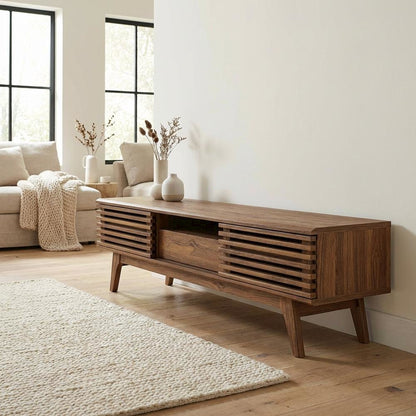 Brown wood TV stand with sleek design and ample storage space