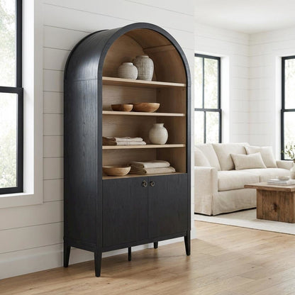 Black tall storage display cabinet with arched design and spacious shelves