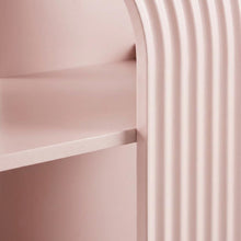 Red arched bookshelf with spacious shelves and nylon accents