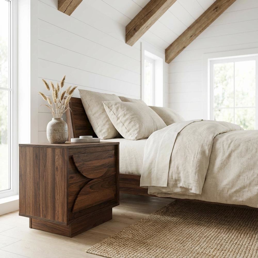 Brown Wood Nightstand with 2 Drawers, Modern Design for Bedroom Storage