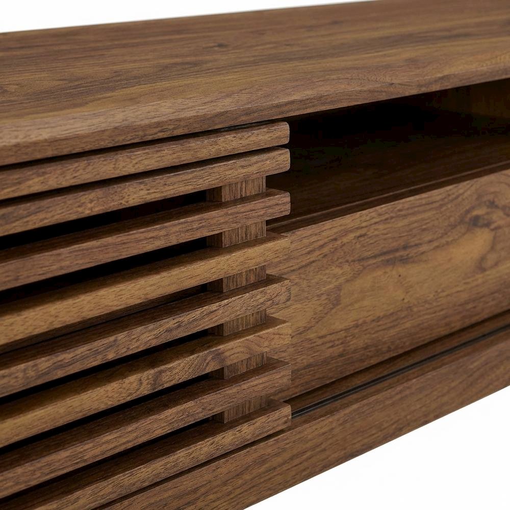Brown wood TV stand with sleek design and ample storage space