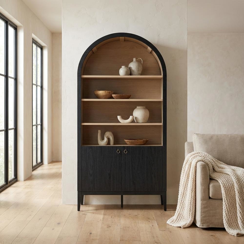 Black tall storage display cabinet with arched design and spacious shelves
