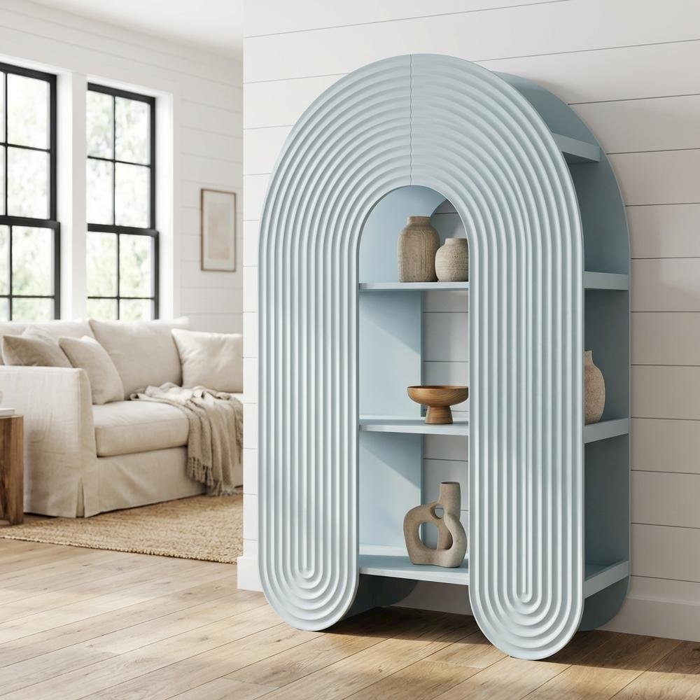 Blue arched bookshelf with spacious shelves and nylon textile finish
