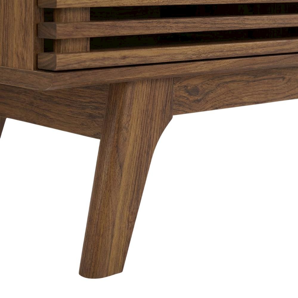 Brown wood TV stand with sleek design and ample storage space