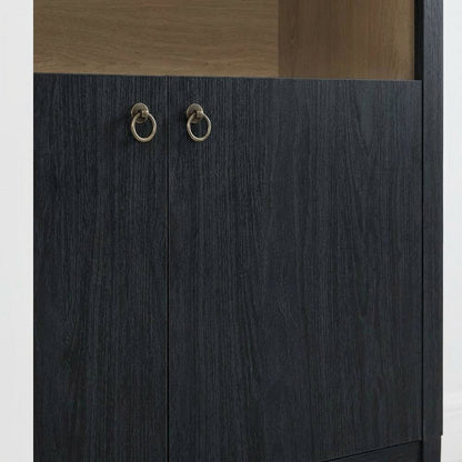 Black tall storage display cabinet with arched design and spacious shelves