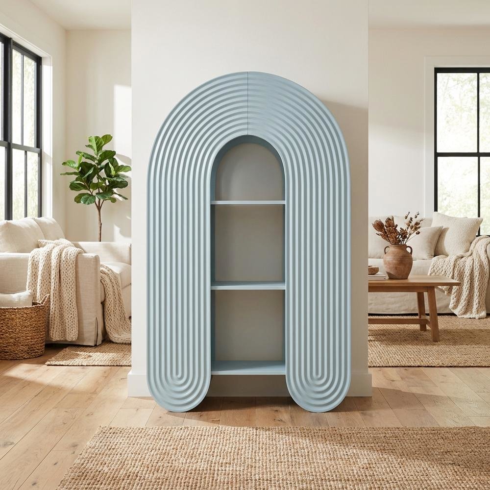 Blue arched bookshelf with spacious shelves and nylon textile finish