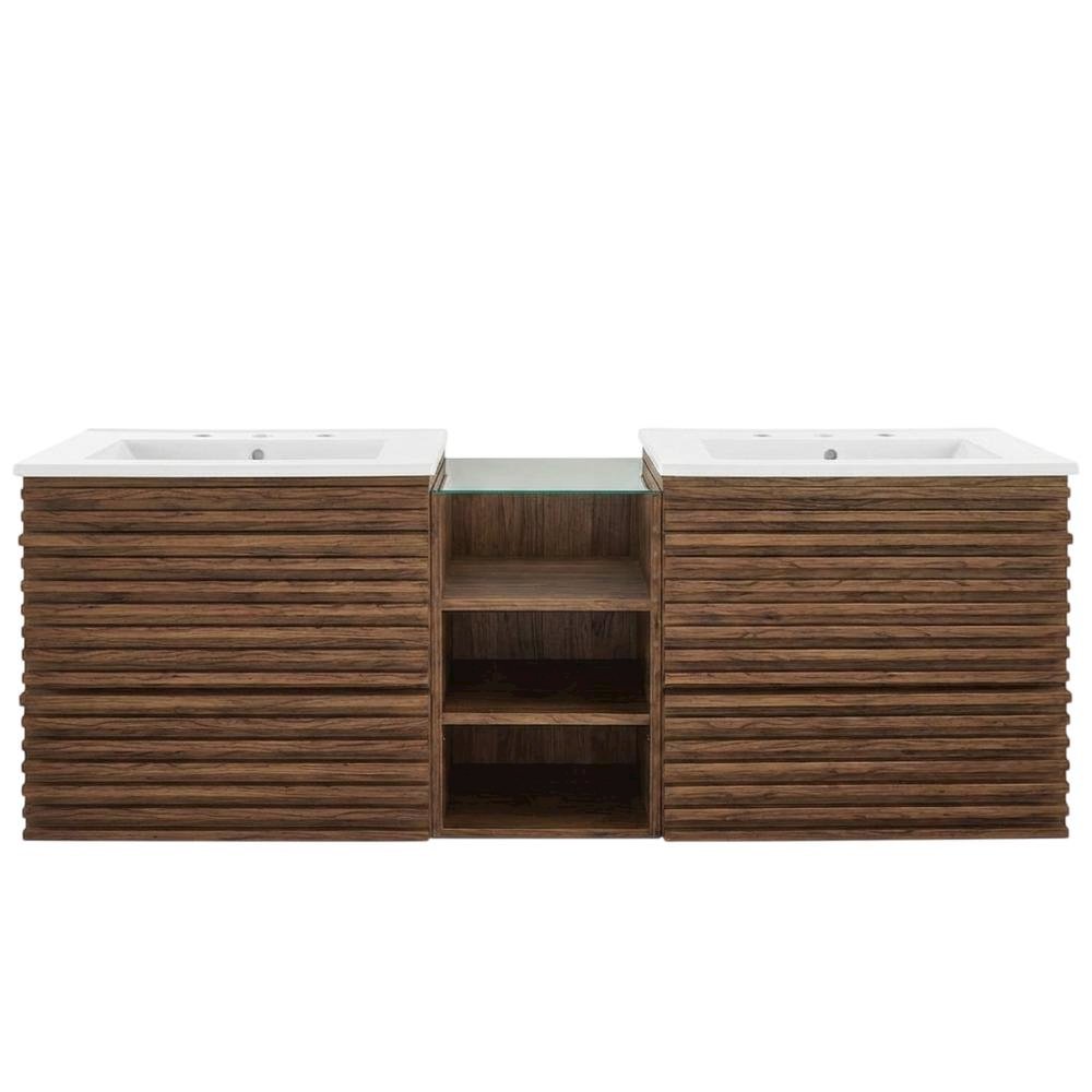 Walnut White 62-Inch Wall-Mount Double Sink Bathroom Vanity