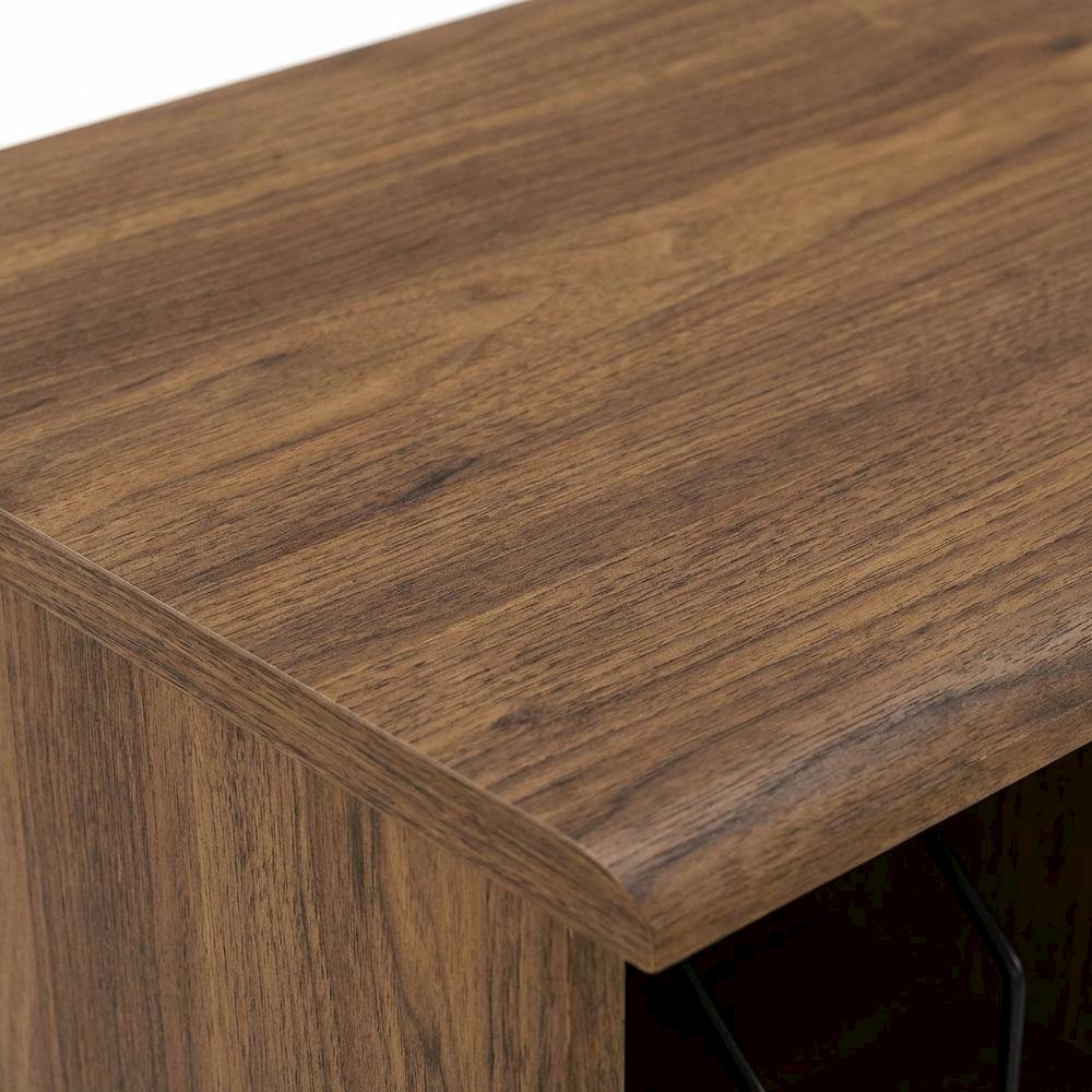 Wood vinyl record display stand in warm brown finish with spacious shelf