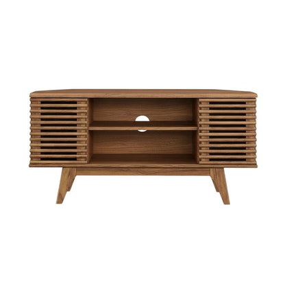 Brown wooden 46-inch corner TV stand with open shelving and versatile design